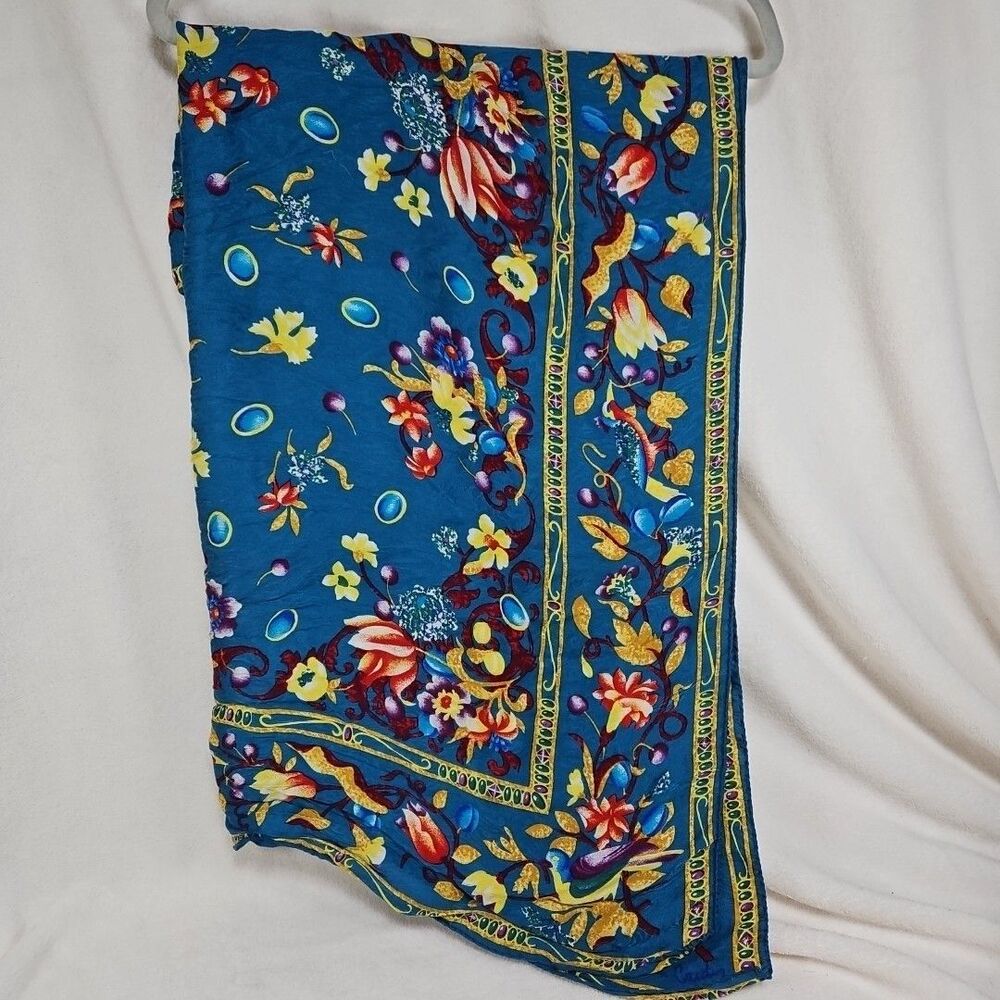 Sophistcated Teal Blue, Gold, Red Square Floral‎ Bordered Silk Scarf 31" x 31" - Picture 2 of 6